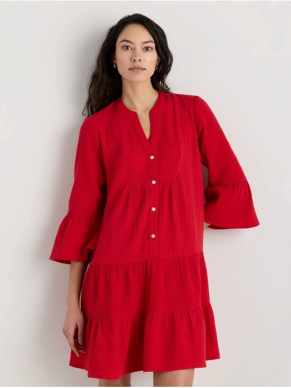 Quince 100% Organic Cotton Gauze Long Sleeve Tiered Mini Dress in Wild Cherry S